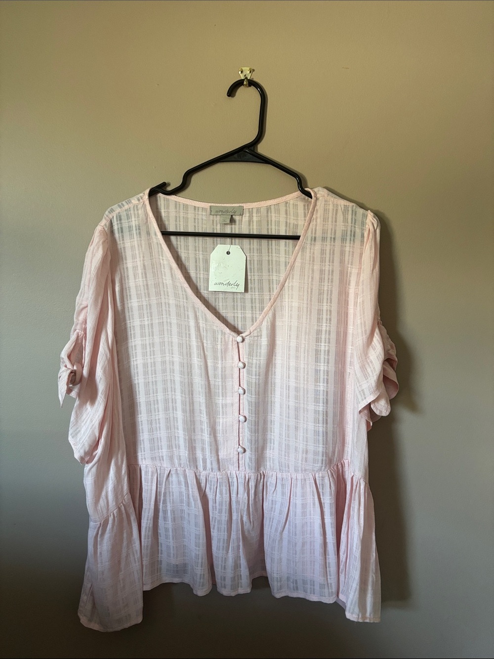 Wonderly Light Blush V-Neck  Peplum Tie-Sleeve Blouse